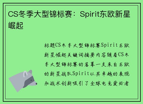 CS冬季大型锦标赛：Spirit东欧新星崛起