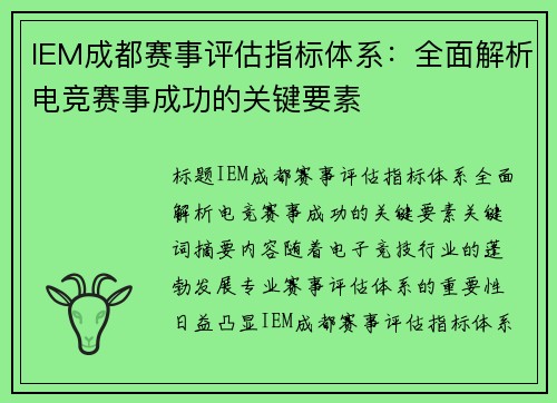 IEM成都赛事评估指标体系：全面解析电竞赛事成功的关键要素